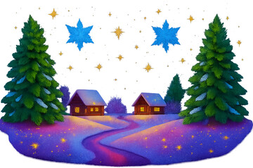 christmas night landscape - Winter holiday scene with glowing cabins, snowy trees, and festive stars—transparent background for seasonal design, greeting cards, and cozy celebration projects