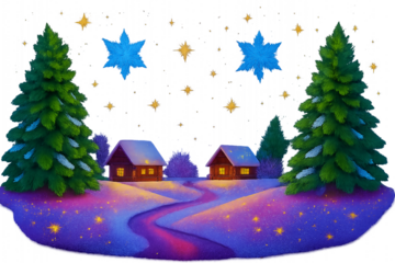 christmas night landscape - Winter holiday scene with glowing cabins, snowy trees, and festive stars—transparent background for seasonal design, greeting cards, and cozy celebration projects