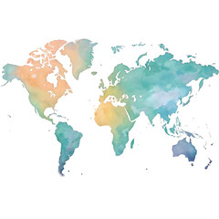Watercolor world map illustration showing continents in shades of blue green orange and yellow on white