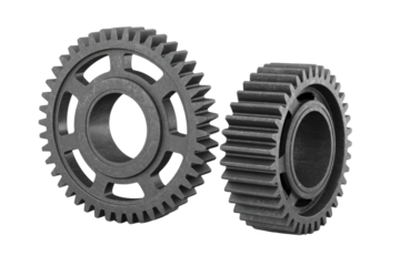 Two dark grey industrial gears, one large with a spoked center, one smaller and solid, against a plain transparent background. background removed