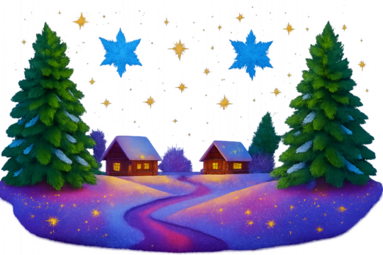 christmas night landscape - Winter holiday scene with glowing cabins, snowy trees, and festive stars—transparent background for seasonal design, greeting cards, and cozy celebration projects