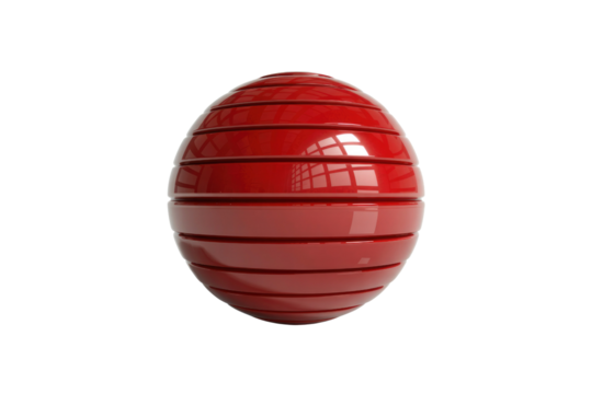 A shiny, segmented red egg-shaped object with horizontal grooves and reflections, presented on a solid dark transparent background. background removed