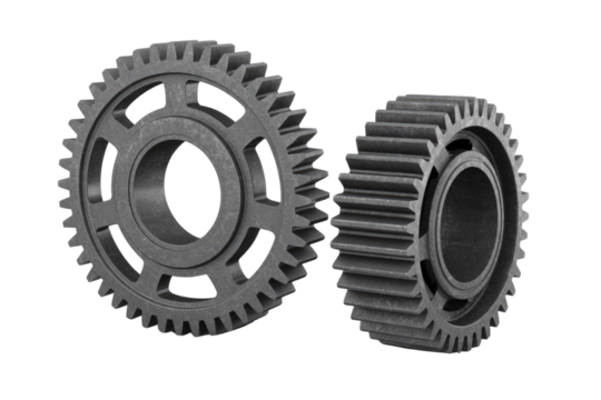 Two dark grey industrial gears, one large with a spoked center, one smaller and solid, against a plain transparent background. background removed