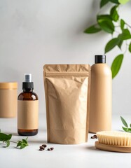 Kraft pouch and cosmetic bottles mockup.
