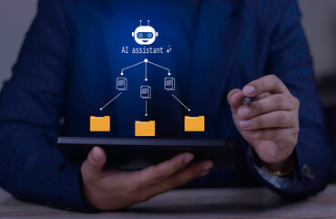 AI assistant for document sorting. Businessman using AI bot on tablet to automate file categorization, classification, and workflow organization.