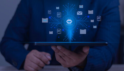 AI assistant for PDF and document management. Businessman using tablet to automate PDF file organization, data sorting, and information processing.