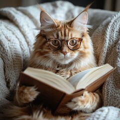 portrait of cat wearing glasses and holding book with both paws, is intently reading book, modern minimalist decor. Funny animal concept, animal as human being. cozy atmosphere at home