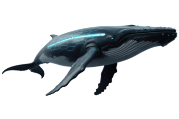 A futuristic dark grey whale with glowing blue hexagonal patterns and stripes on its back, representing a bio-mechanical marine creature. background removed