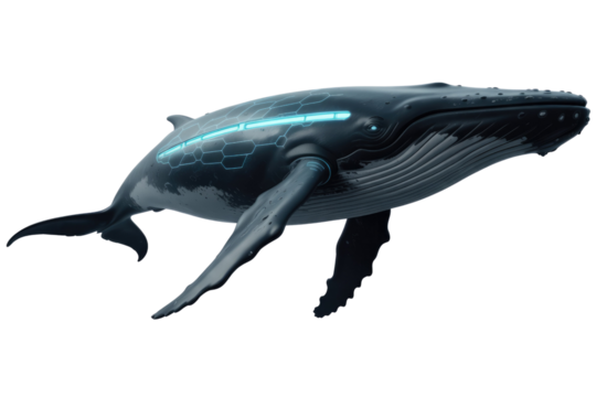A futuristic dark grey whale with glowing blue hexagonal patterns and stripes on its back, representing a bio-mechanical marine creature. background removed