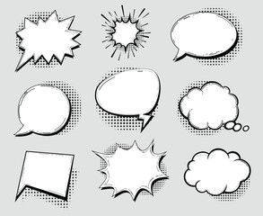 Set of black and white comic speech bubbles with halftone shadows on gray background.