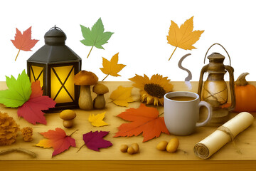 autumn still life - Autumn still life with lantern, coffee mug, leaves, mushrooms, and pumpkin—transparent background for seasonal design, cozy fall decor, and festive creative projects