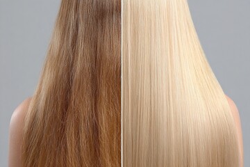 Back view of blonde hair showing lightening treatment from dark blonde to platinum comparison