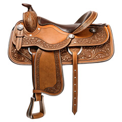 A detailed view of a brown leather western saddle with intricate floral carvings and silver accents isolated