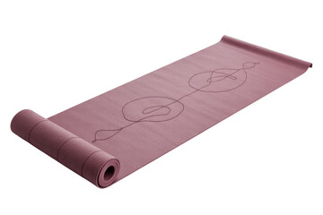 Partially unrolled dusty pink yoga mat with a minimalist abstract line art design, offering comfort and style for your workout. background removed