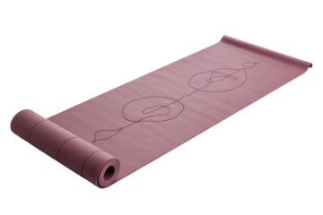 Partially unrolled dusty pink yoga mat with a minimalist abstract line art design, offering comfort and style for your workout. background removed