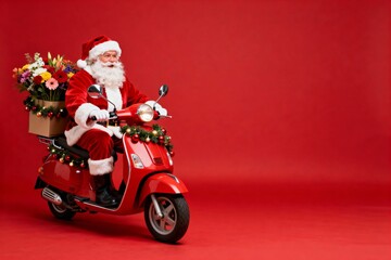 Christmas flower delivery. Santa Claus delivers flowers on a moped decorated with Christmas lights, banner, text space, red background.