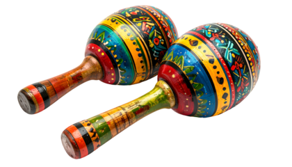 Two vibrantly painted maracas on a black background, angled with details