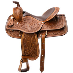 A detailed view of a brown leather western saddle with intricate floral tooling and a white background