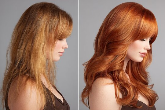 Before and after beauty makeover showing a woman&rsquo;s dull blonde hair turned into silky copper red hair with layered waves