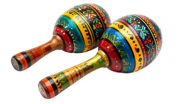 Two vibrantly painted maracas on a black background, angled with details