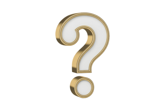 A luxurious 3D question mark symbol, elegantly crafted with white fill and a shiny golden outline, set against a dark transparent background. background removed - Powered by Adobe