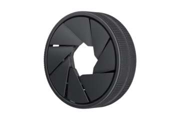 A 3D render of a dark grey camera lens aperture, showing its multiple blades forming a polygonal opening. A textured ring allows light adjustment. background removed