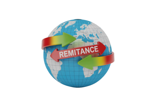 A 3D render of a globe with red and green arrows circling it, one marked 'REMITTANCE,' symbolizing global money transfer and financial transactions. background removed
