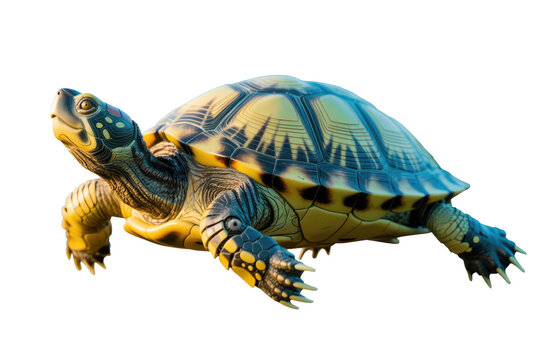 A vibrant turtle with striking yellow and black patterns on its shell and skin, depicted on a clean, solid transparent background. background removed