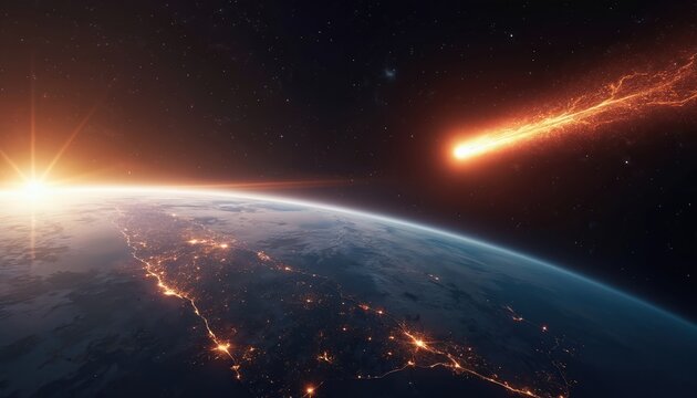Bright meteor burns in atmosphere above earth at sunrise. Planet surface glows with city lights. Space phenomenon threatens world. Danger from cosmos above.