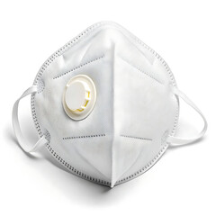 A white n respirator mask with a valve on a white background for safety and protection measures use