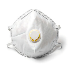 A white n respirator mask with a yellow and white valve isolated on a white background in close up view