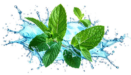 Vibrant green mint sprigs emerging from clear, splashing water. Transparent background