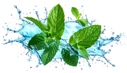 Vibrant green mint sprigs emerging from clear, splashing water. Transparent background