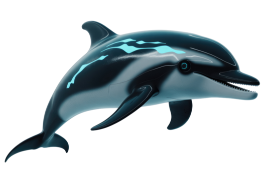 A sleek, futuristic dolphin with glowing blue bioluminescent patterns and cybernetic details, swimming on a solid transparent background. background removed