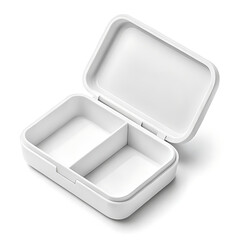 A minimalistic white plastic lunchbox with two compartments and an open lid on a white background