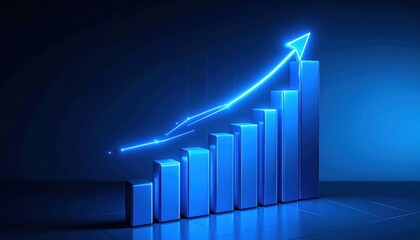 Conceptual bar graph with neon arrow representing positive business growth and financial success