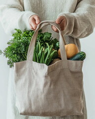 Hands Holding Reusable Eco Shopping Bags with Fresh Groceries – Sustainable Lifestyle and Minimal Design Concept