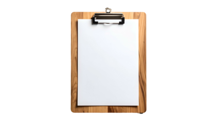 A wooden clipboard holds a blank white paper, ready for notes and documents