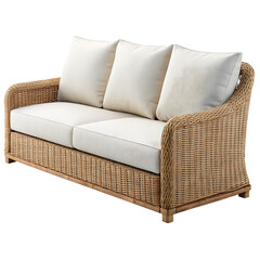 A wicker sofa with three white cushions and a white seat on a white background in a studio setting