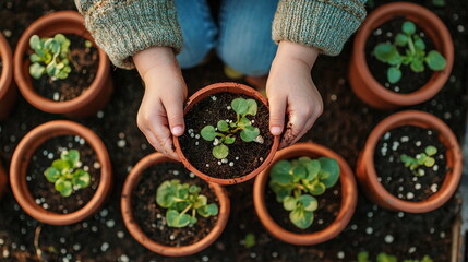 Child’s Hands Watering Seedlings – Eco Gardening and Sustainability Concept