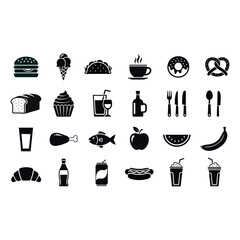 Vector art of collection of food and drink icons showcasing various culinary and beverage options in simple black glyphs