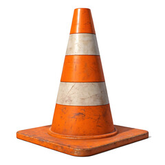 A slightly worn orange traffic cone with white stripes isolated on a white background in a studio shot