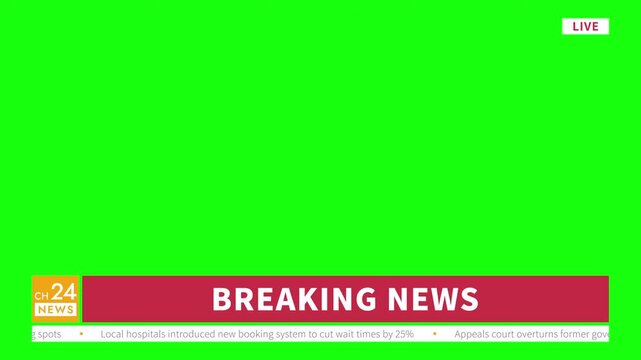 Breaking news lower third graphic, 4K loopable, ProRes 422 green background for chroma key, fictional news channel, neutral content ticker with Live icon, simplicity and minimalism design