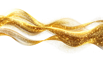 Golden wave design with flowing ribbons, shimmering sparks, and a black background