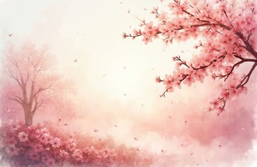 Pink floral trees landscape illustration. Spring blossom branches with flowers. Nature scene sketch art style with petals. Romantic vintage garden background. Tender fairytale picture for seasonal