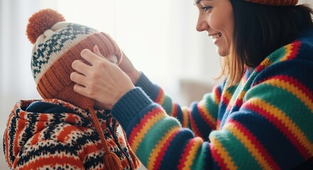A smiling mother helps her child put on a knit winter hat. A caring parent dressing her kid in warm clothes for the cold season