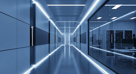 Sleek, futuristic data center corridor with illuminated LED lines, leading to a modern server room and office visible through a glass wall, showcasing advanced technology and network infrastructure.