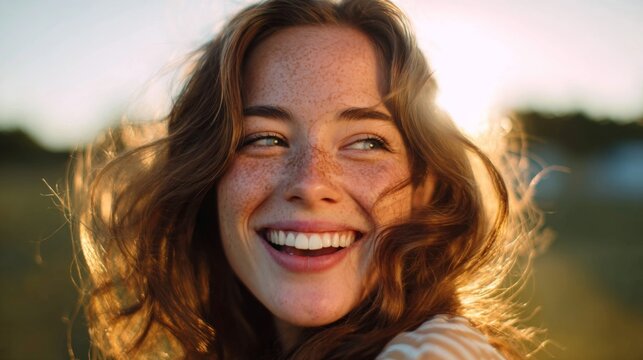 Smiling young woman with freckles brown hair and green eyes looking to the side