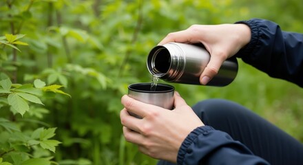 Fototapeta premium Hiker pouring water from a stainless steel thermos into a cup in the forest. Close-up of a person taking a break during an outdoor adventure. Hydration and sustainable travel concept