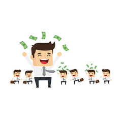 Cartoon Businessman Tossing Money with Colleagues Eagerly Collecting.